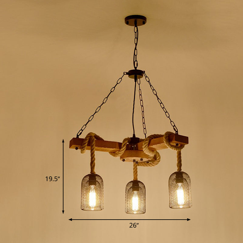 Caged Dining Room Chandelier Pendant Retro Metallic 3/6/8 Lights Wood Ceiling Lamp with Rope