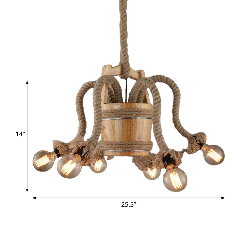 Curved Arm Dining Room Chandelier Lamp Farmhouse Rope 6 Lights Wood Ceiling Light Fixture