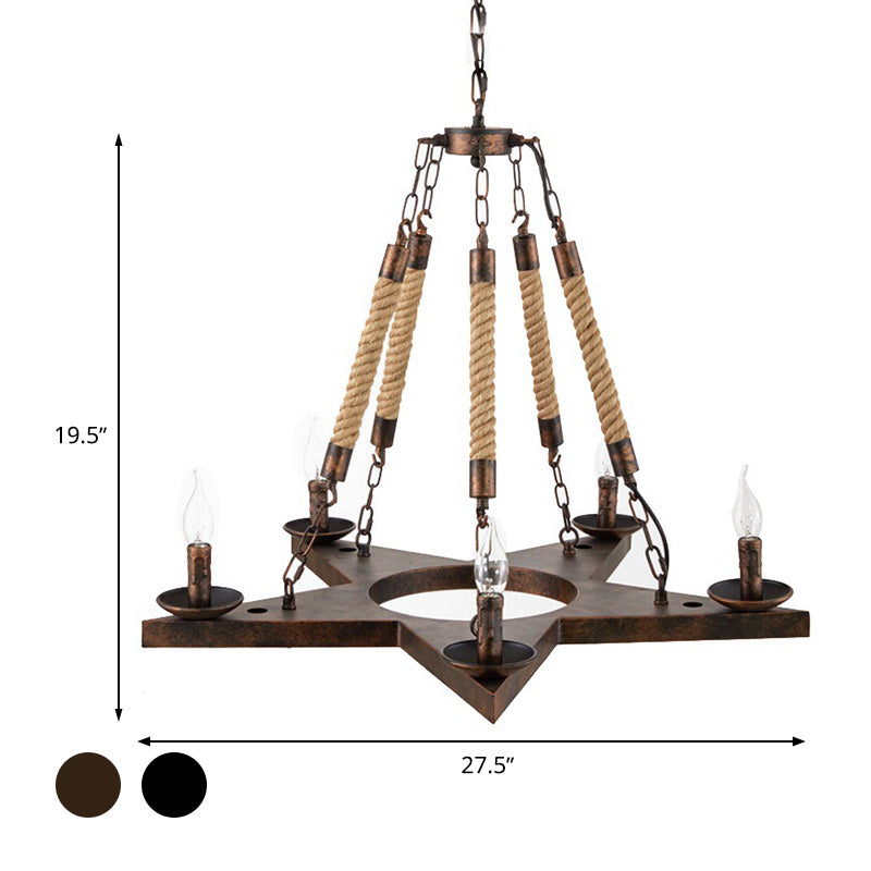 Metal Star-Shaped Chandelier Pendant Light Retro 5 Lights Restaurant Hanging Ceiling Fixture in Black/Rust