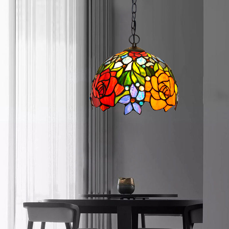 Victoriaanse bloemen kroonluchter lamp 1/2/3 Lichten rood gesneden glas hanglamp voor keuken, 10 "/12"/16 "breed