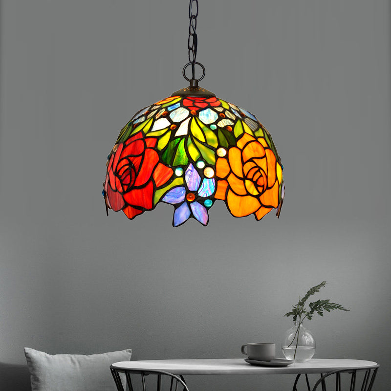 Victorian Floral Chandelier Lamp 1/2/3 Lights Red Cut Glass Pendant Light Fixture for Kitchen, 10"/12"/16" Wide