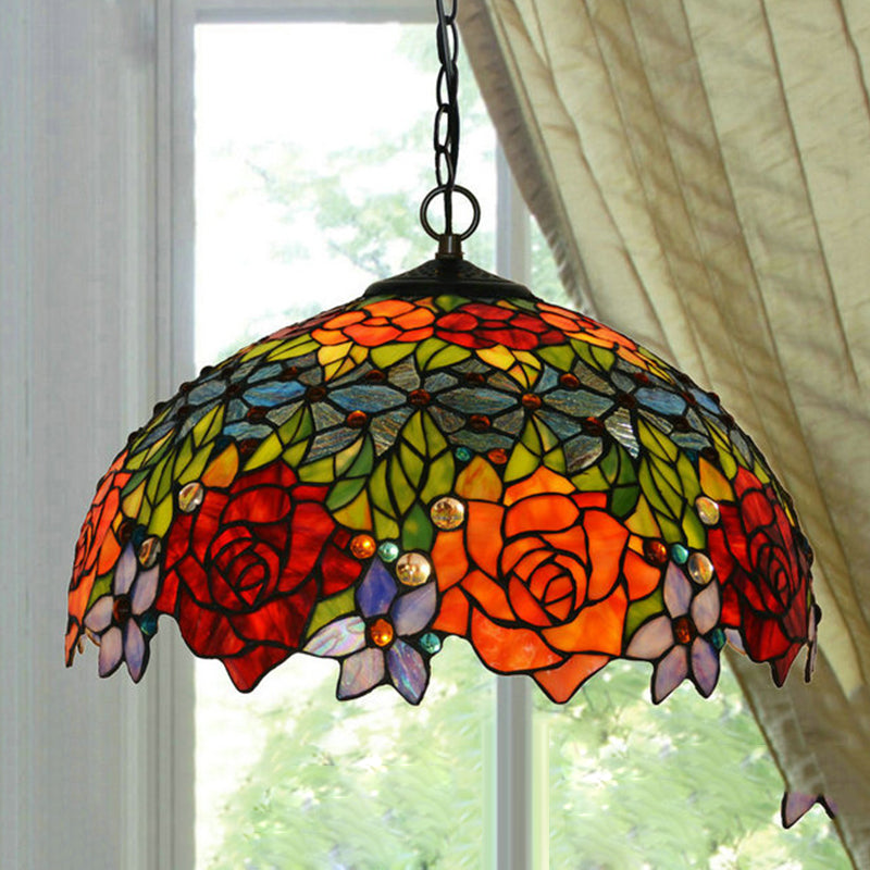 Victorian Floral Chandelier Lamp 1/2/3 Lights Red Cut Glass Pendant Light Fixture for Kitchen, 10"/12"/16" Wide