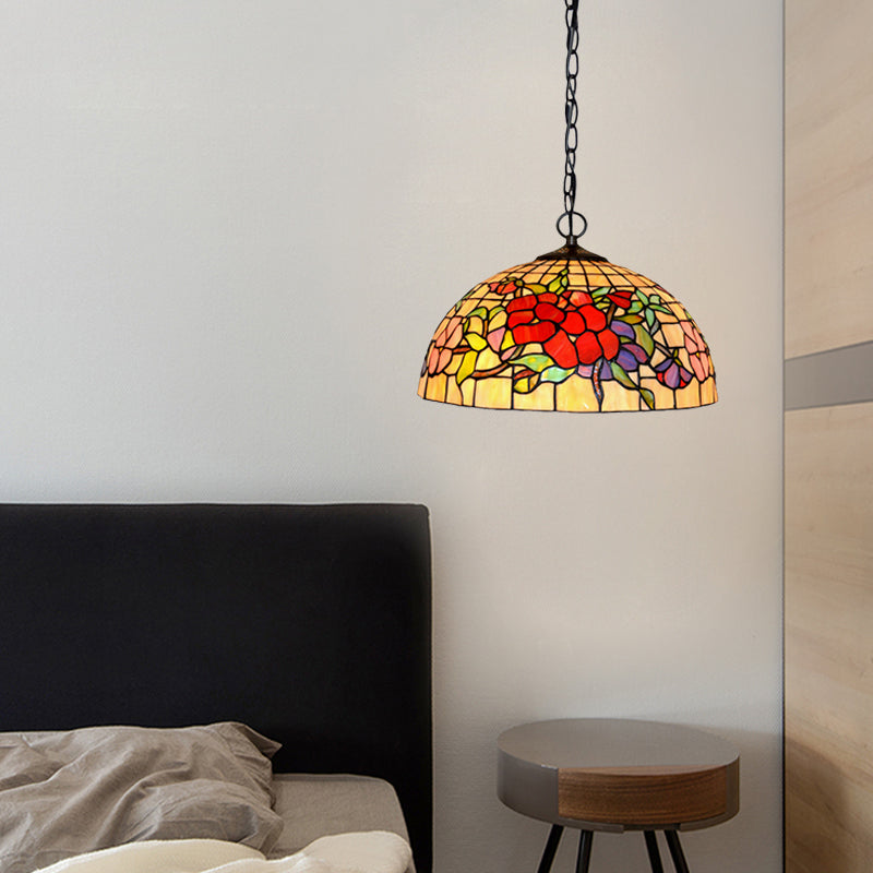 2 Lights Floral Ceiling Chandelier Tiffany-Style Red/Pink Stained Glass Pendant Lamp for Kitchen