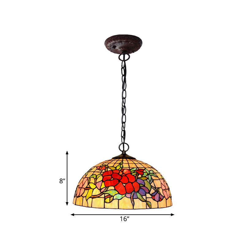 2 Lights Floral Ceiling Chandelier Tiffany-Style Red/Pink Stained Glass Pendant Lamp for Kitchen