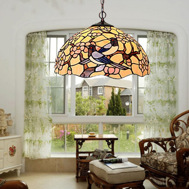 2 Lights Floral Ceiling Chandelier Tiffany-Style Red/Pink Stained Glass Pendant Lamp for Kitchen