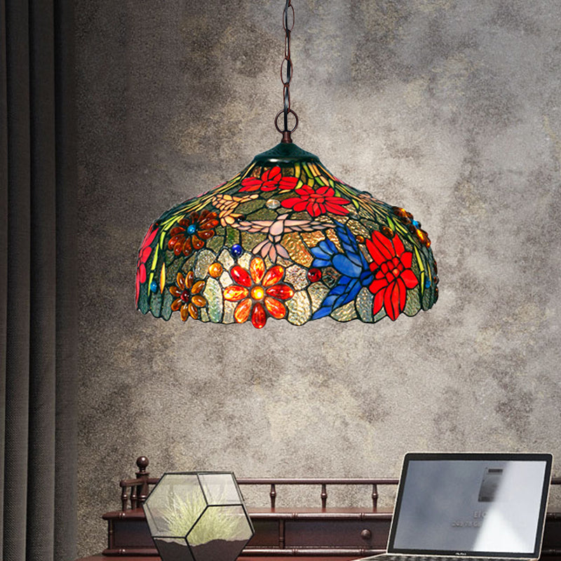 Petal Red/Yellow/Blue Cut Glass Chandelier Light Fixture 3 Lights Bronze Suspension Lighting for Dining Room