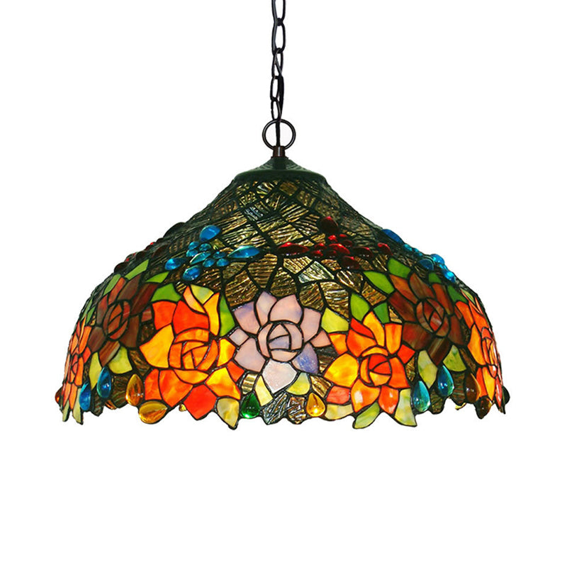 Petal Red/Yellow/Blue Cut Glass Chandelier Light Fixture 3 Lights Bronze Suspension Lighting for Dining Room