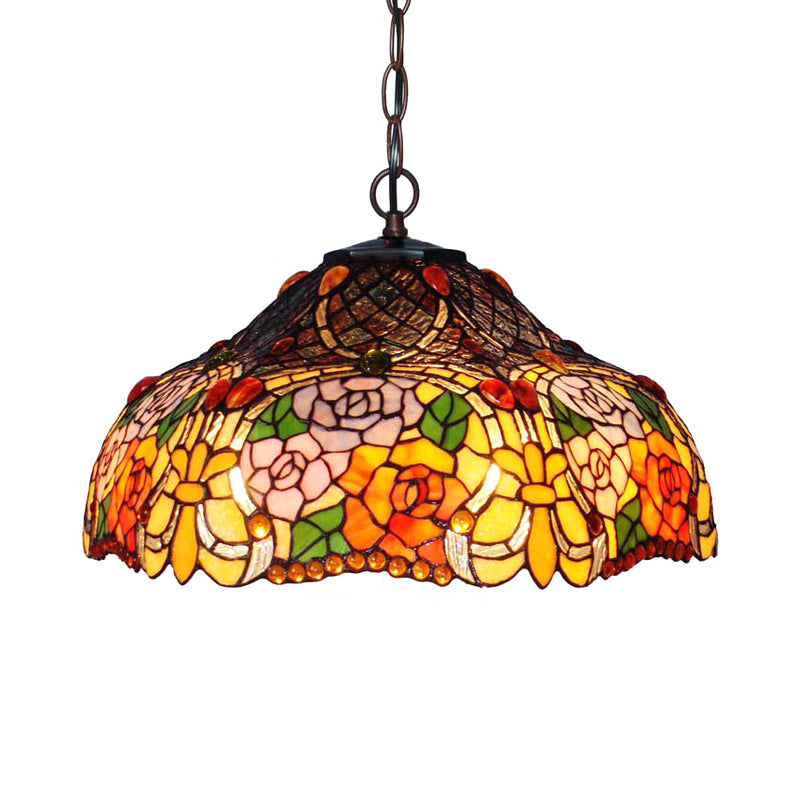 Petal Red/Yellow/Blue Cut Glass Chandelier Light Fixture 3 Lights Bronze Suspension Lighting for Dining Room