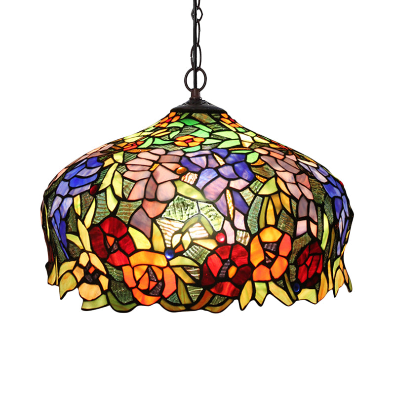 2 Lights Chandelier Mediterranean Blossom Orange Stained Glass Ceiling Lamp for Dining Room