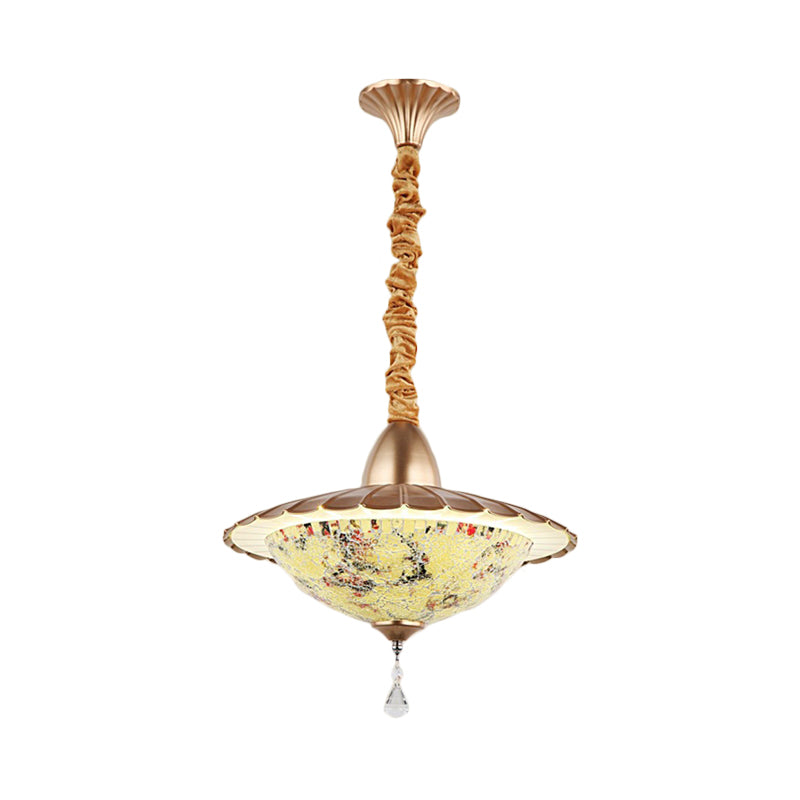 LED Bowl Chandelier Lighting Fixture Mediterranean White Cut Glass Suspension Pendant with Crystal Droplet