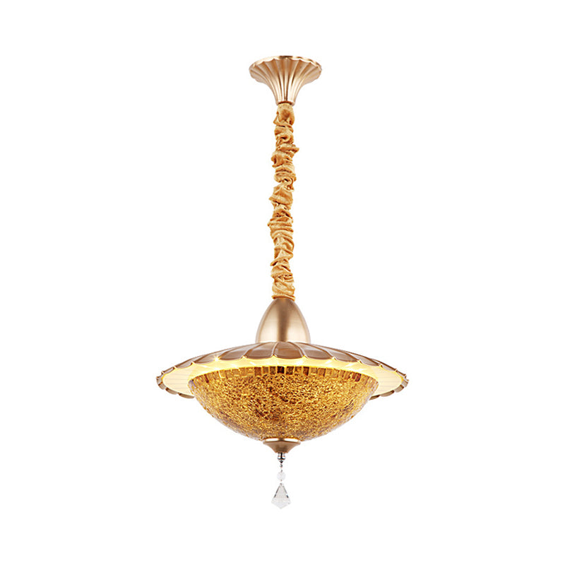 LED Bowl Chandelier Lighting Fixture Mediterranean White Cut Glass Suspension Pendant with Crystal Droplet