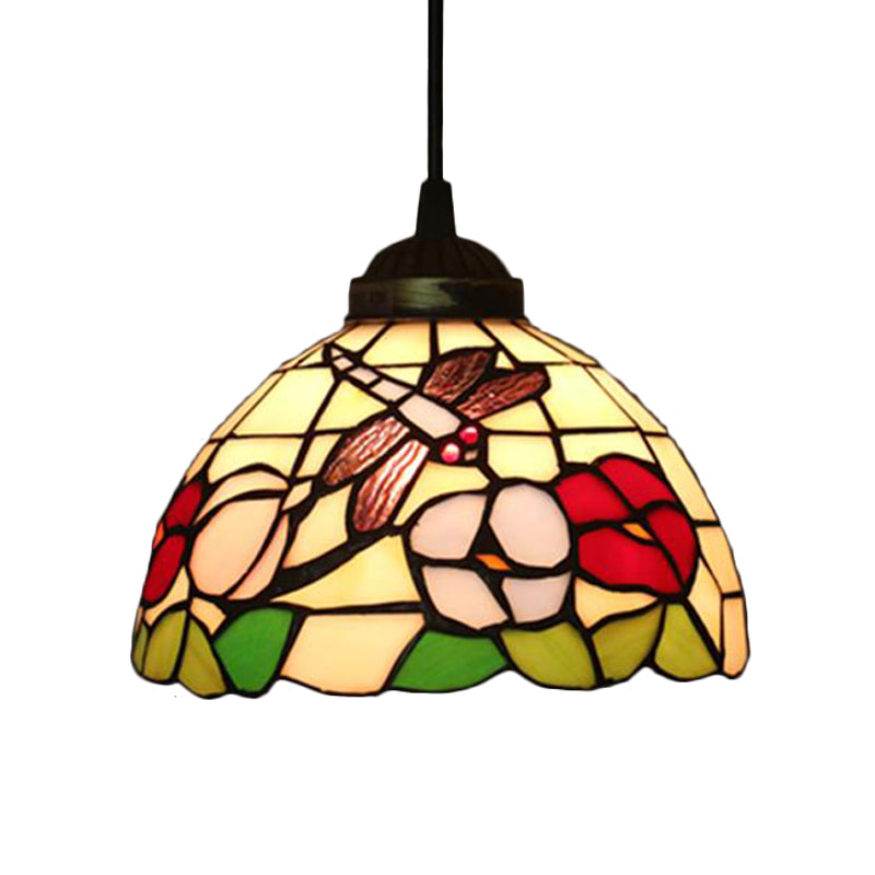 Victorian Floral Ceiling Pendant 1 Light Beige/Red/Pink Cut Glass Hanging Light Fixtures for Dining Room