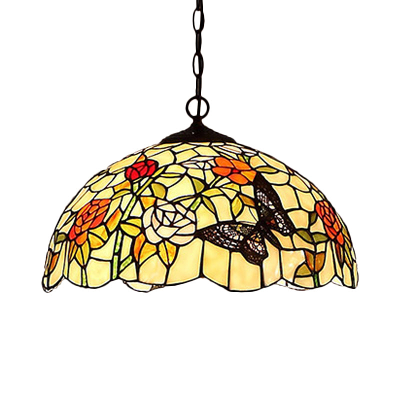 1/2 lumières Cuisine Chandelier Pendant Light Light Méditerranéen Bronze Plafond Lampe à teinte en verre rouge / jaune en dôme, 12 "/ 16" W