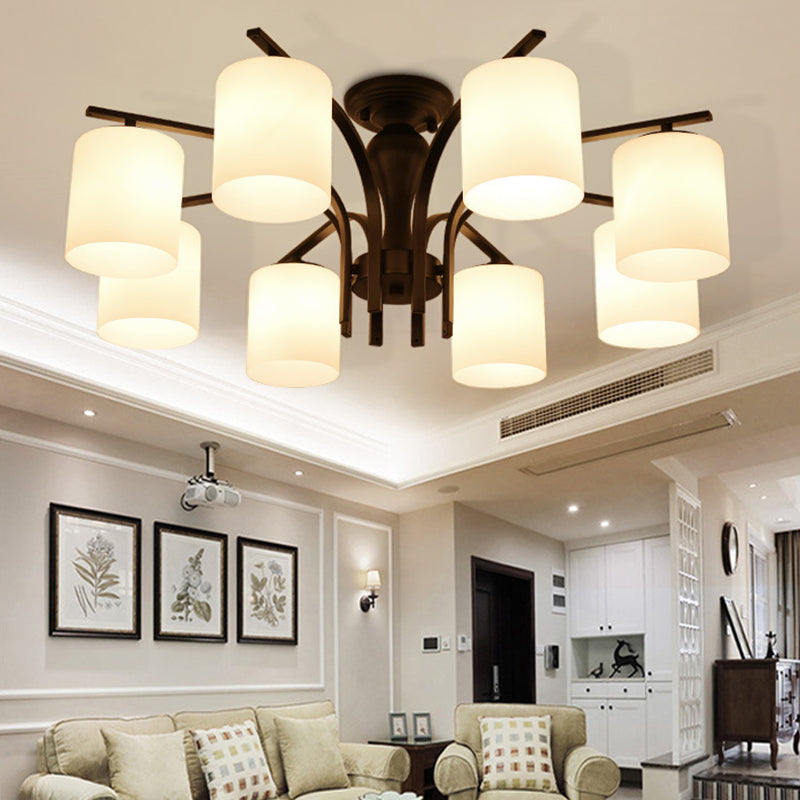 Traditional Classic Radial Semi Flush Mount Wrought Iron Ceiling Light with White Glass Shade