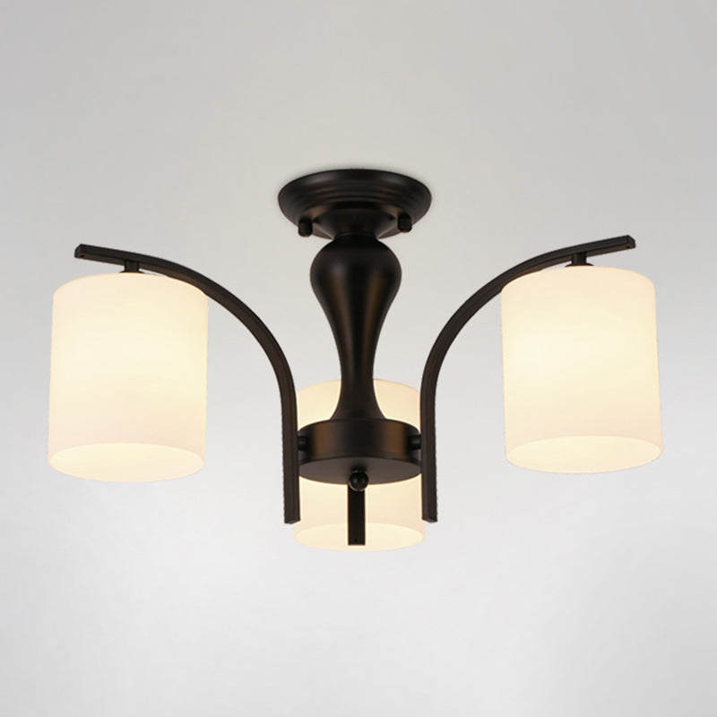 Traditional Classic Radial Semi Flush Mount Wrought Iron Ceiling Light with White Glass Shade