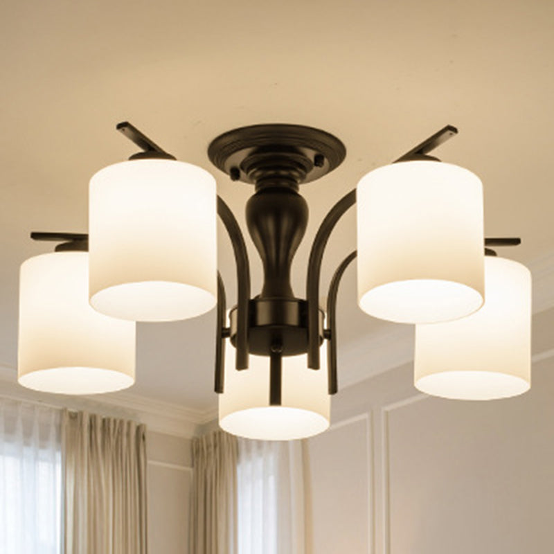 Traditional Classic Radial Semi Flush Mount Wrought Iron Ceiling Light with White Glass Shade