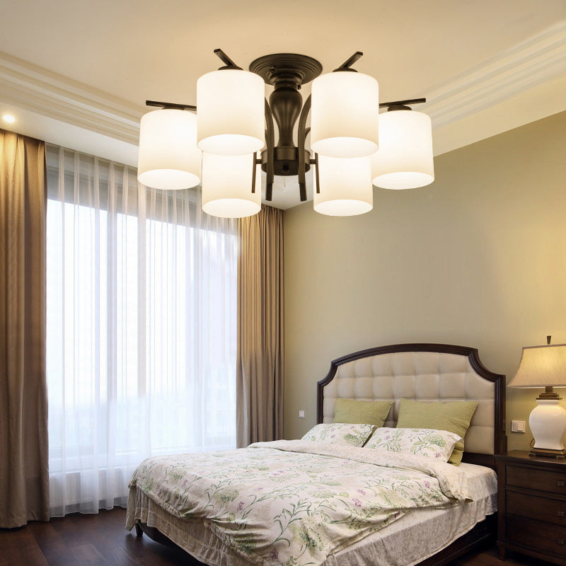 Traditional Classic Radial Semi Flush Mount Wrought Iron Ceiling Light with White Glass Shade