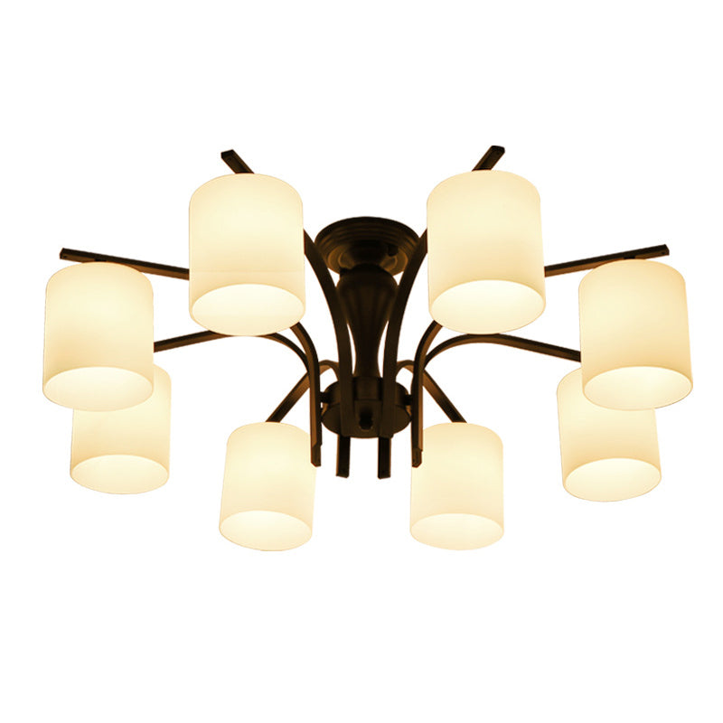 Traditional Classic Radial Semi Flush Mount Wrought Iron Ceiling Light with White Glass Shade