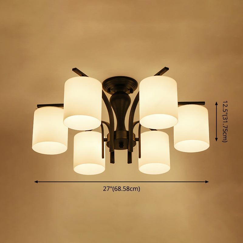 Traditional Classic Radial Semi Flush Mount Wrought Iron Ceiling Light with White Glass Shade