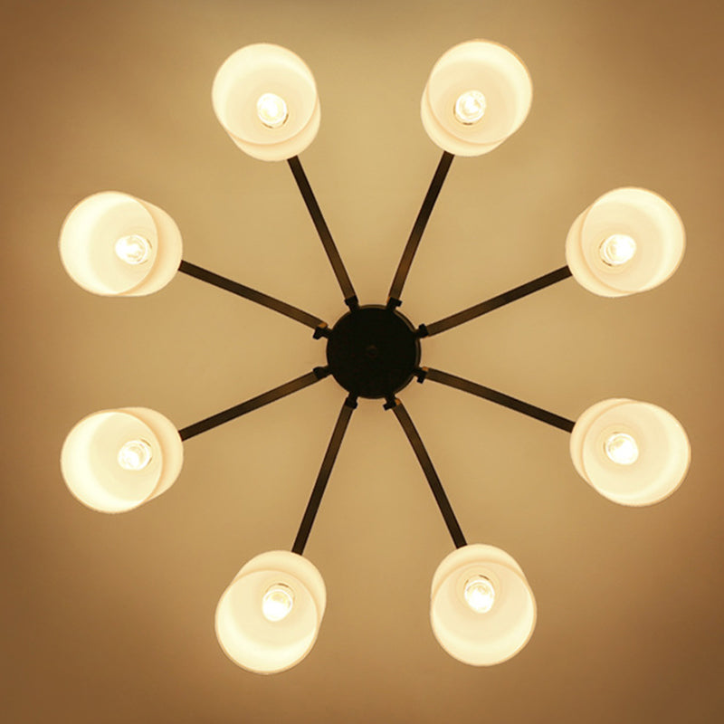 Traditional Classic Radial Semi Flush Mount Wrought Iron Ceiling Light with White Glass Shade