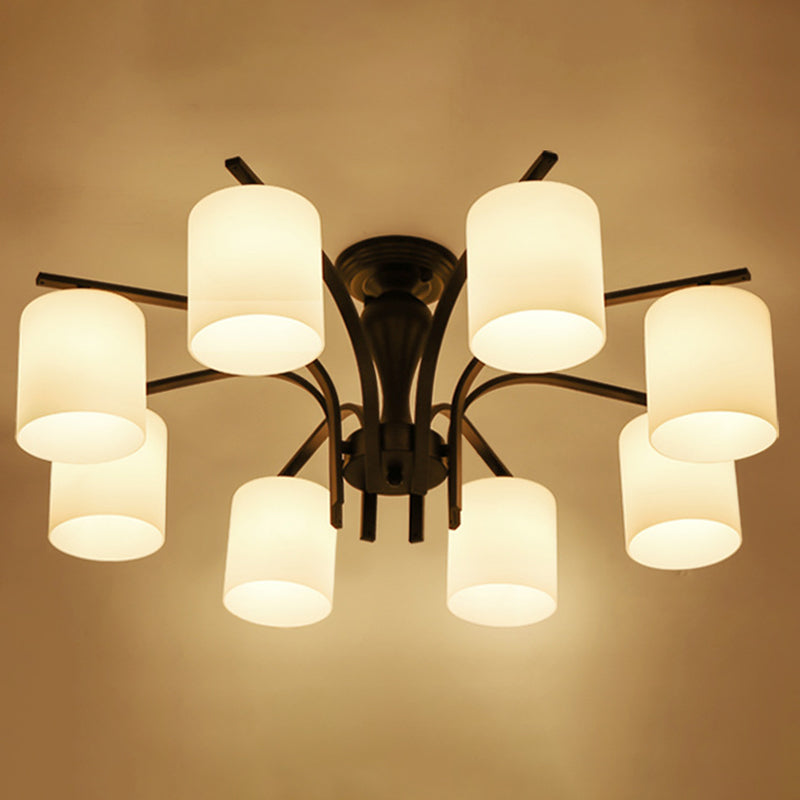 Traditional Classic Radial Semi Flush Mount Wrought Iron Ceiling Light with White Glass Shade