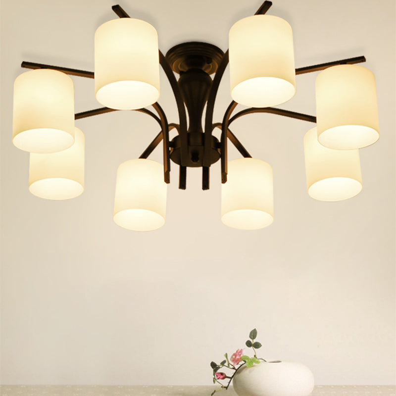 Traditional Classic Radial Semi Flush Mount Wrought Iron Ceiling Light with White Glass Shade