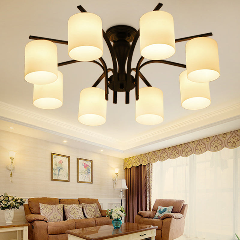 Traditional Classic Radial Semi Flush Mount Wrought Iron Ceiling Light with White Glass Shade