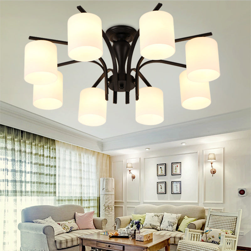 Traditional Classic Radial Semi Flush Mount Wrought Iron Ceiling Light with White Glass Shade