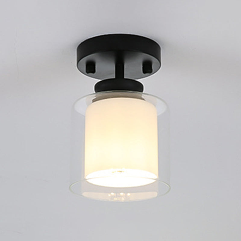 Modern Minimalist Single Flush Mount Wrought Iron Cylindrical Ceiling Light with Double Glass Shade