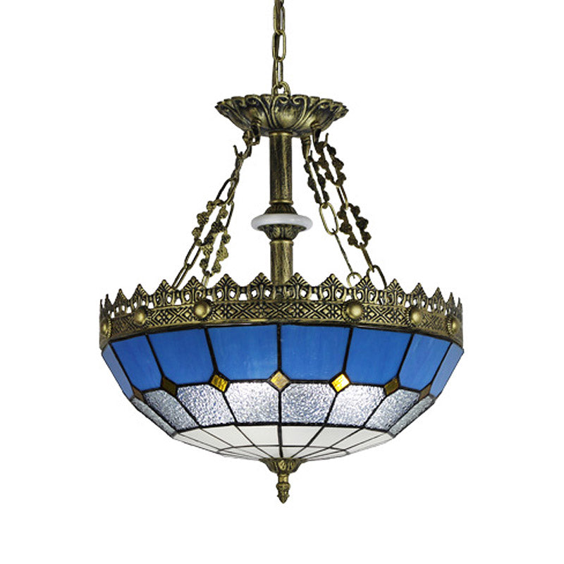 Blanc / bleu 3 lumières Pendante lustre Tiffany Tiffany Hand Cut Glass Bowl Shade Drop Lamp For Bedroom, 12 "/ 16" W