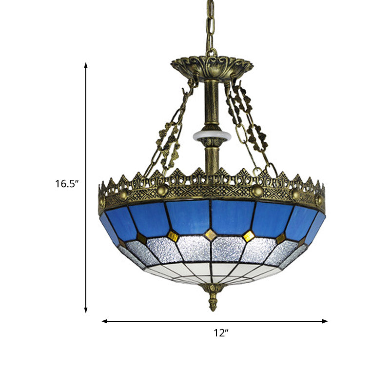 White/Blue 3 Lights Pendant Chandelier Tiffany Hand Cut Glass Bowl Shade Drop Lamp for Bedroom, 12"/16" W