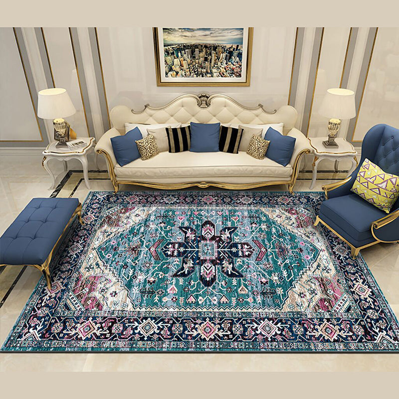 Blue Medallion Area Carpet Polyester Vintage Rug Washable Indoor Rug for Indoor Room