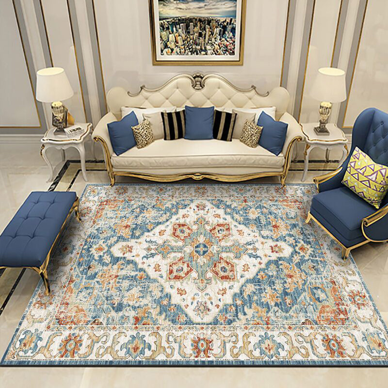 Blue Medallion Area Carpet Polyester Vintage Rug Washable Indoor Rug for Indoor Room