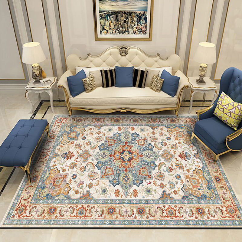 Blue Medallion Area Carpet Polyester Vintage Rug Washable Indoor Rug for Indoor Room