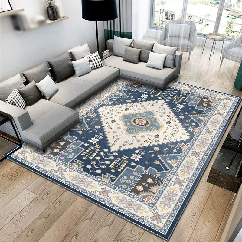 Blue Medallion Area Carpet Polyester Vintage Rug Washable Indoor Rug for Indoor Room