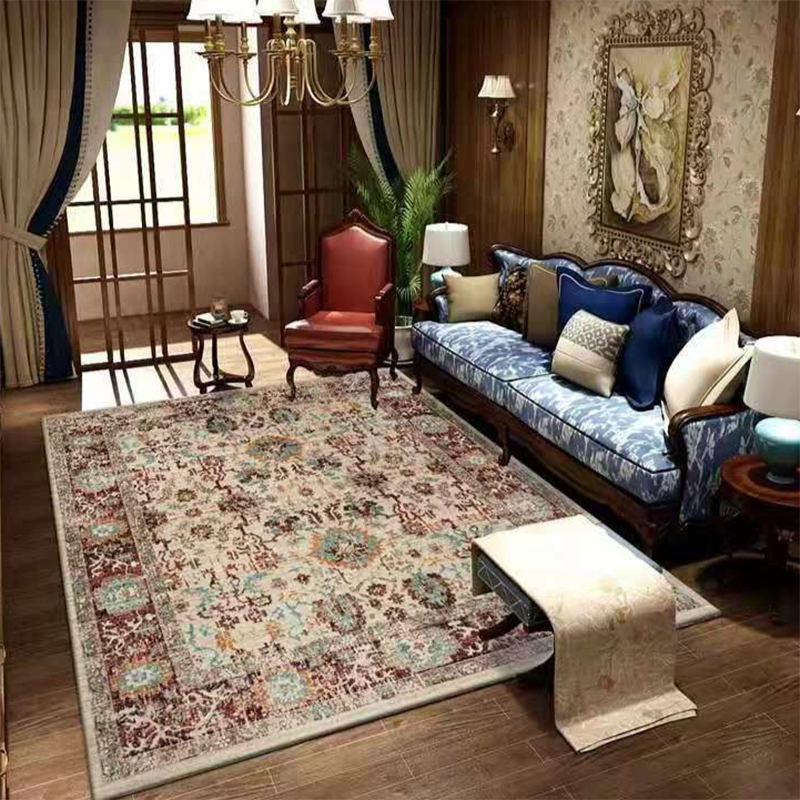 Red Retro Indoor Carpet Polyester Medallion Rug Non-Split Backing Carpet for Living Room