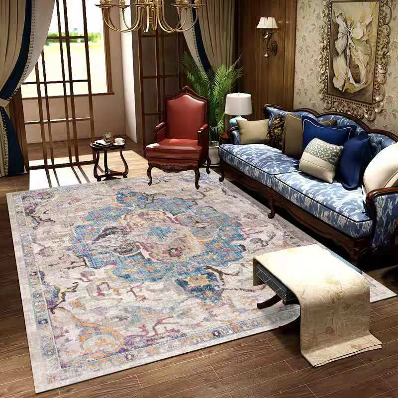 Red Retro Indoor Carpet Polyester Medallion Rug Non-Split Backing Carpet for Living Room