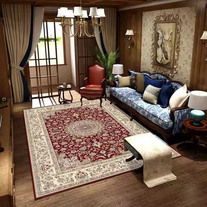 Red Retro Indoor Carpet Polyester Medallion Rug Non-Split Backing Carpet for Living Room