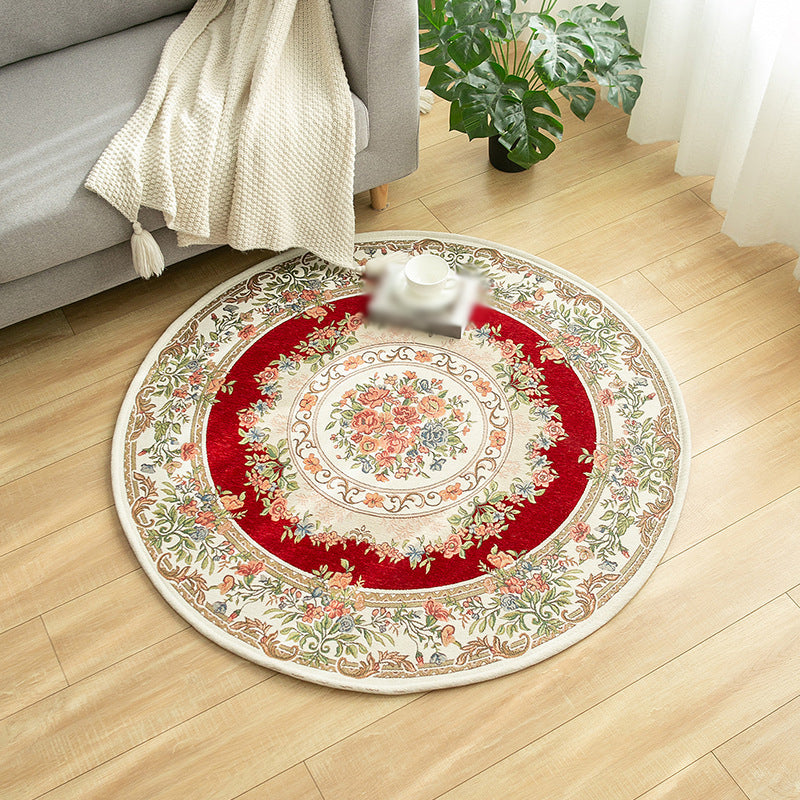 Round Classic Rug Antique Floral Design Area Rug Polyester Anti-Slip Backing Carpet for Home Decor