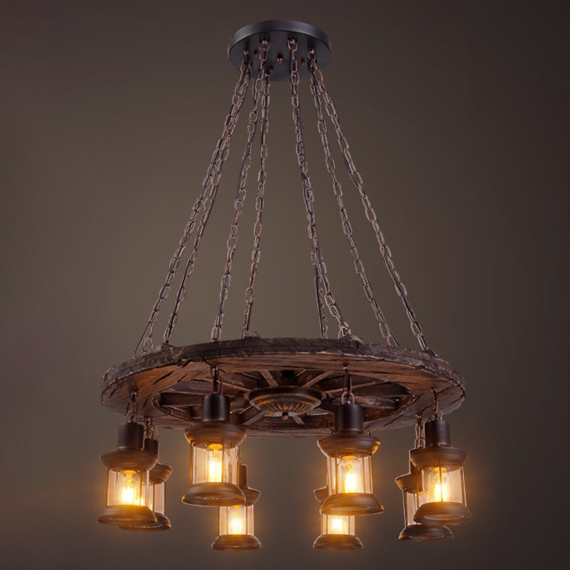 Beige Shaded Chandelier Lighting Fixture Antique Style Wooden Restaurant Ceiling Chandelier