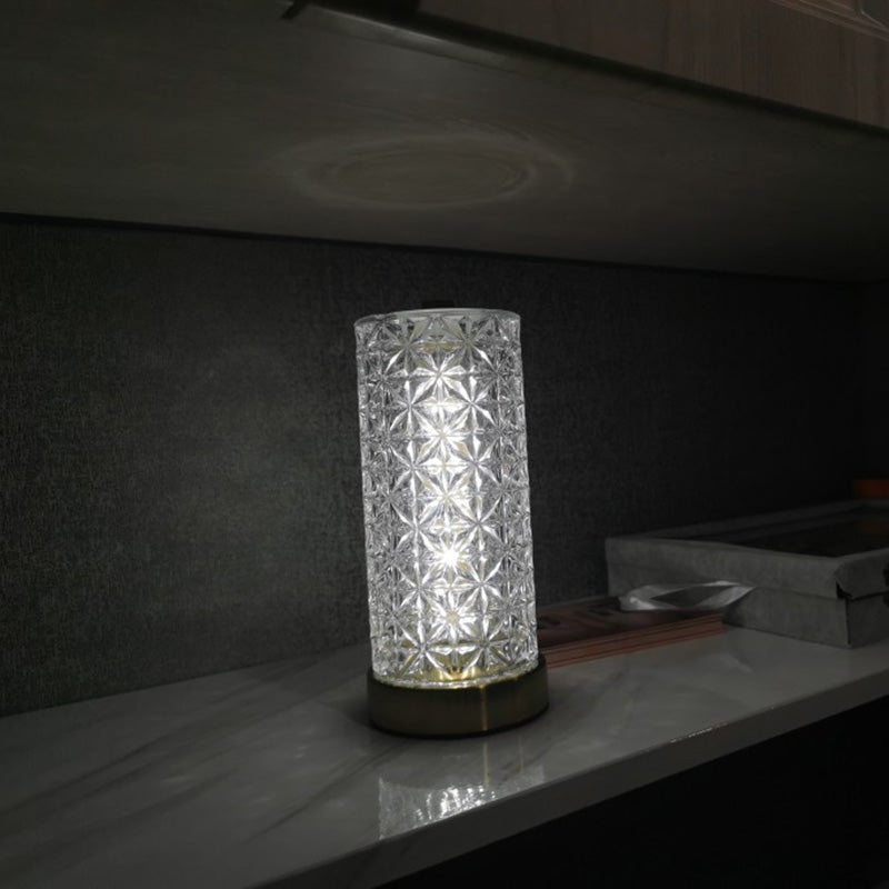 Crystal Glass Cylindrical Night Lamp Minimalist Gold LED Table Light for Living Room