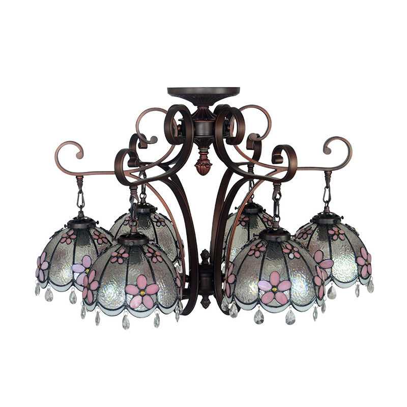 Flower Hanging Chandelier Baroque Hand Cut Glass 6 Lights Blue/Textured Silver Ceiling Lamp for Living Room