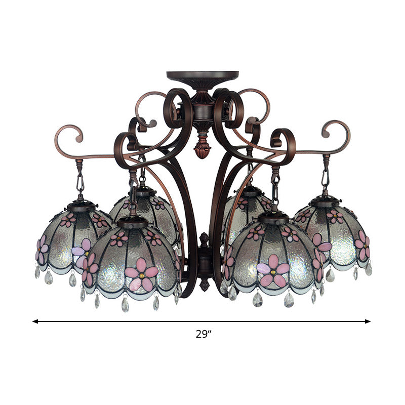 Flower Hanging Chandelier Baroque Hand Cut Glass 6 Lights Blue/Textured Silver Ceiling Lamp for Living Room