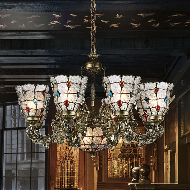 Verre en verre givré Strolling bras pendant lustre Tiffany Style 9/12 Lumières Bronze Hanging Lamp Kit pour le salon