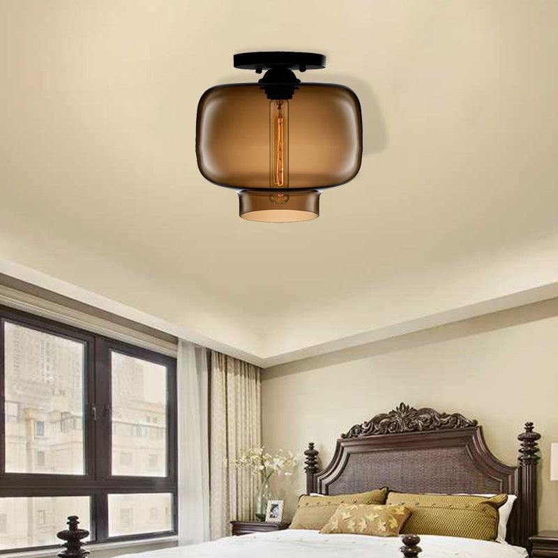 Modern Red/Sky Blue/Amber/Smoke Gray/Coffee Lantern Flushmount Light 1 Bulb Flush Mount Lamp with Glass Shade in Black