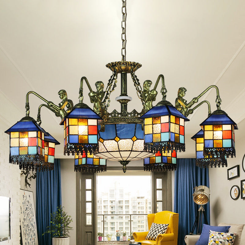 Blue 5/9/11 Lights Chandelier Light Fixture Mediterranean Stained Glass House Ceiling Light for Living Room