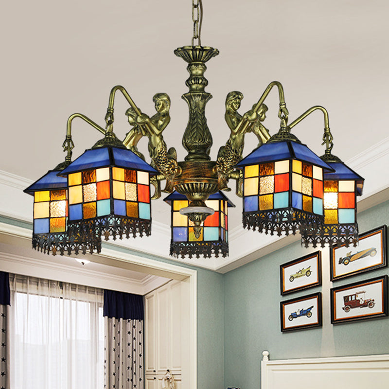 Blue 5/9/11 Lights Chandelier Light Fixture Mediterranean Stained Glass House Ceiling Light for Living Room