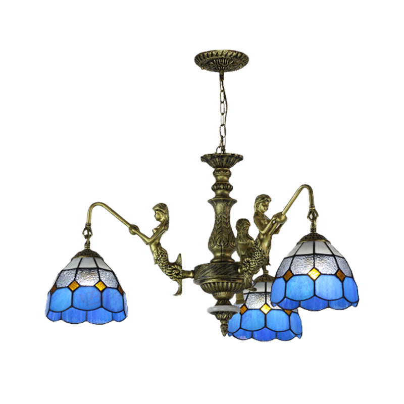 Blue Stained Glass Chandelier Lighting Fixture Grid Patterned 5/9/11 Lights Baroque Suspension Lamp