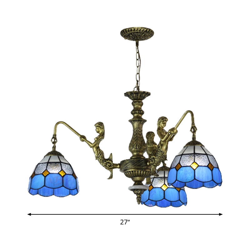 Blue Stained Glass Chandelier Lighting Fixture Grid Patterned 5/9/11 Lights Baroque Suspension Lamp