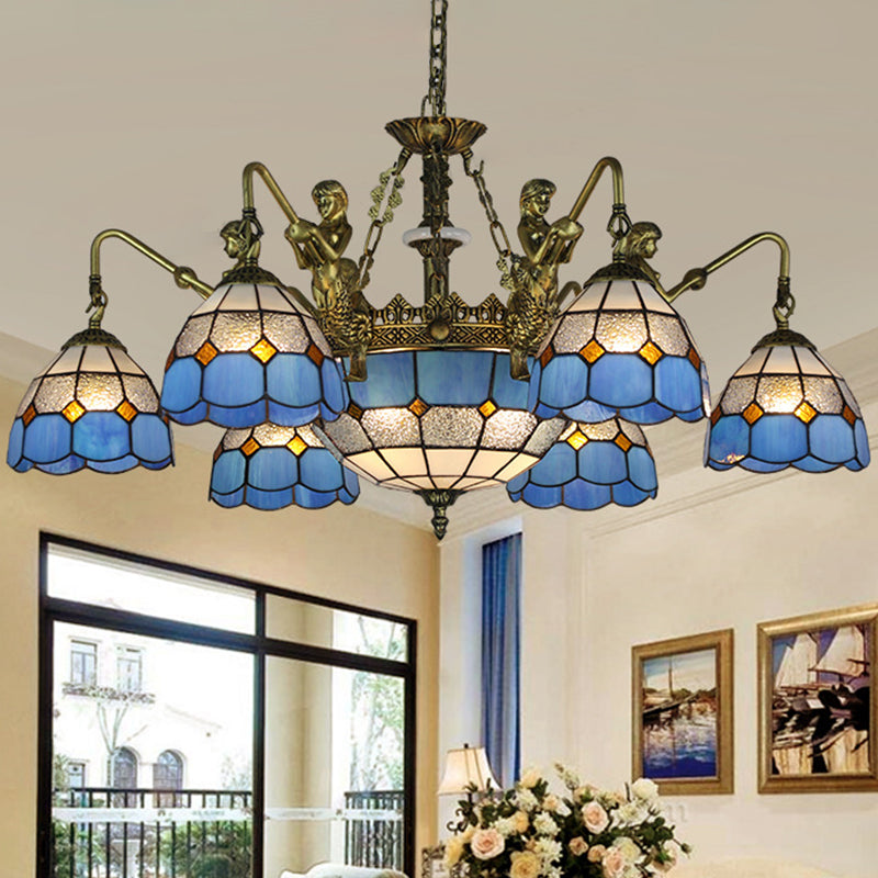 Blue Stained Glass Chandelier Lighting Fixture Grid Patterned 5/9/11 Lights Baroque Suspension Lamp